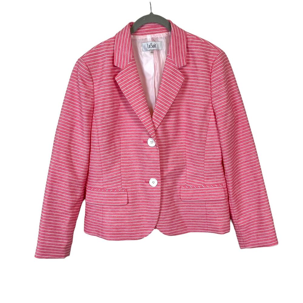Le Suit Blazer Women Pink Heathered White Striped Single Breasted Lined Size 14
